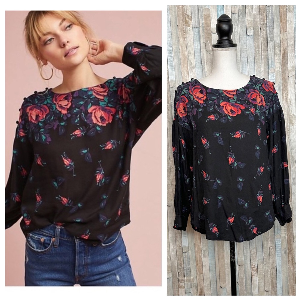 Anthropologie S Maeve Floral Gardenia Boat Neck Top Blouse Balloon Sleeve Boho